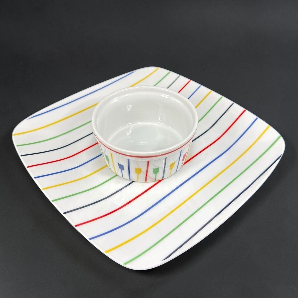 Georges Briard Palette Chip and Dip Set Square Plate Bowl Rainbow Stripe Japan